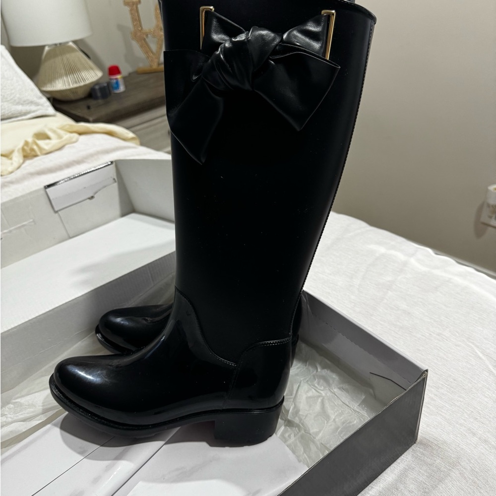 Nine West Black Knee-High Rain Boots with Decorative Bow